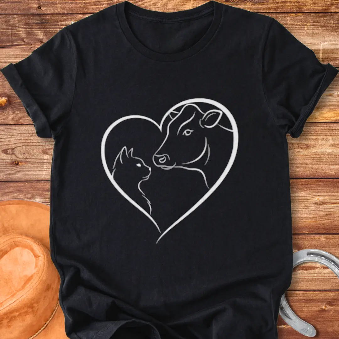 Line art design of a cow and cat forming a heart shape, expressing love and affection.