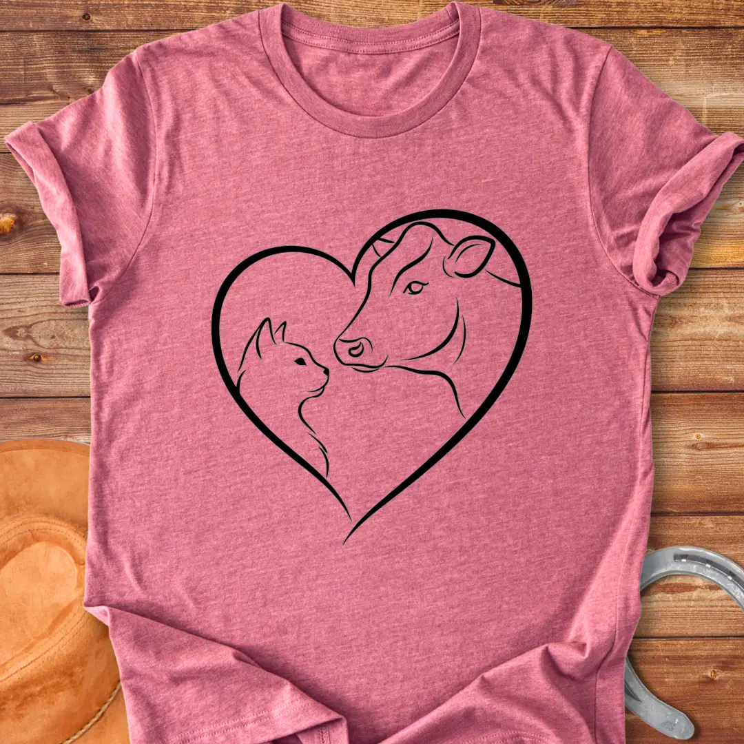 Line art design of a cow and cat forming a heart shape, expressing love and affection.