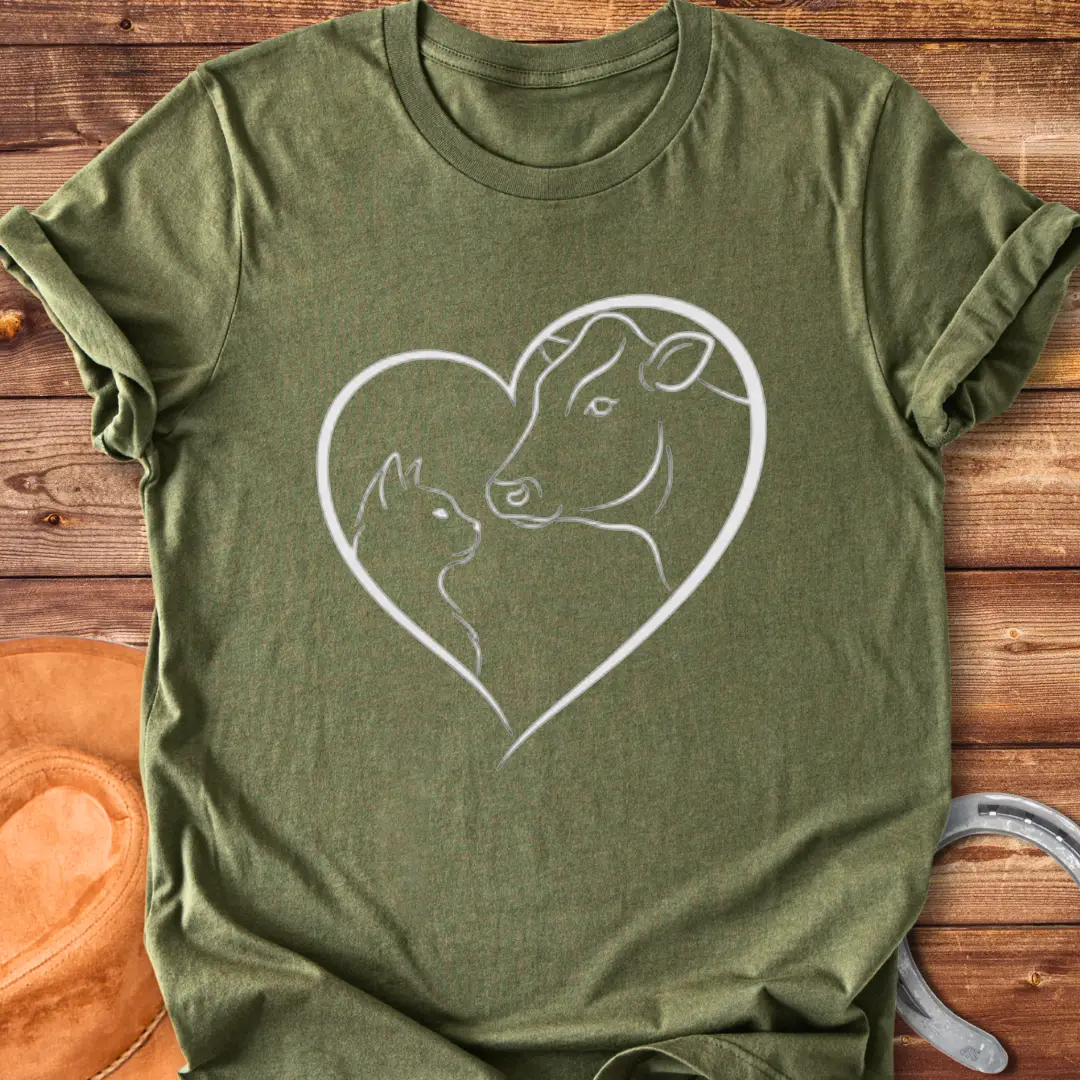Line art design of a cow and cat forming a heart shape, expressing love and affection.