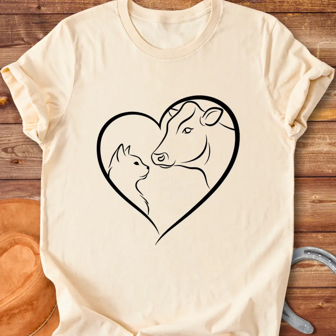 Line art design of a cow and cat forming a heart shape, expressing love and affection.