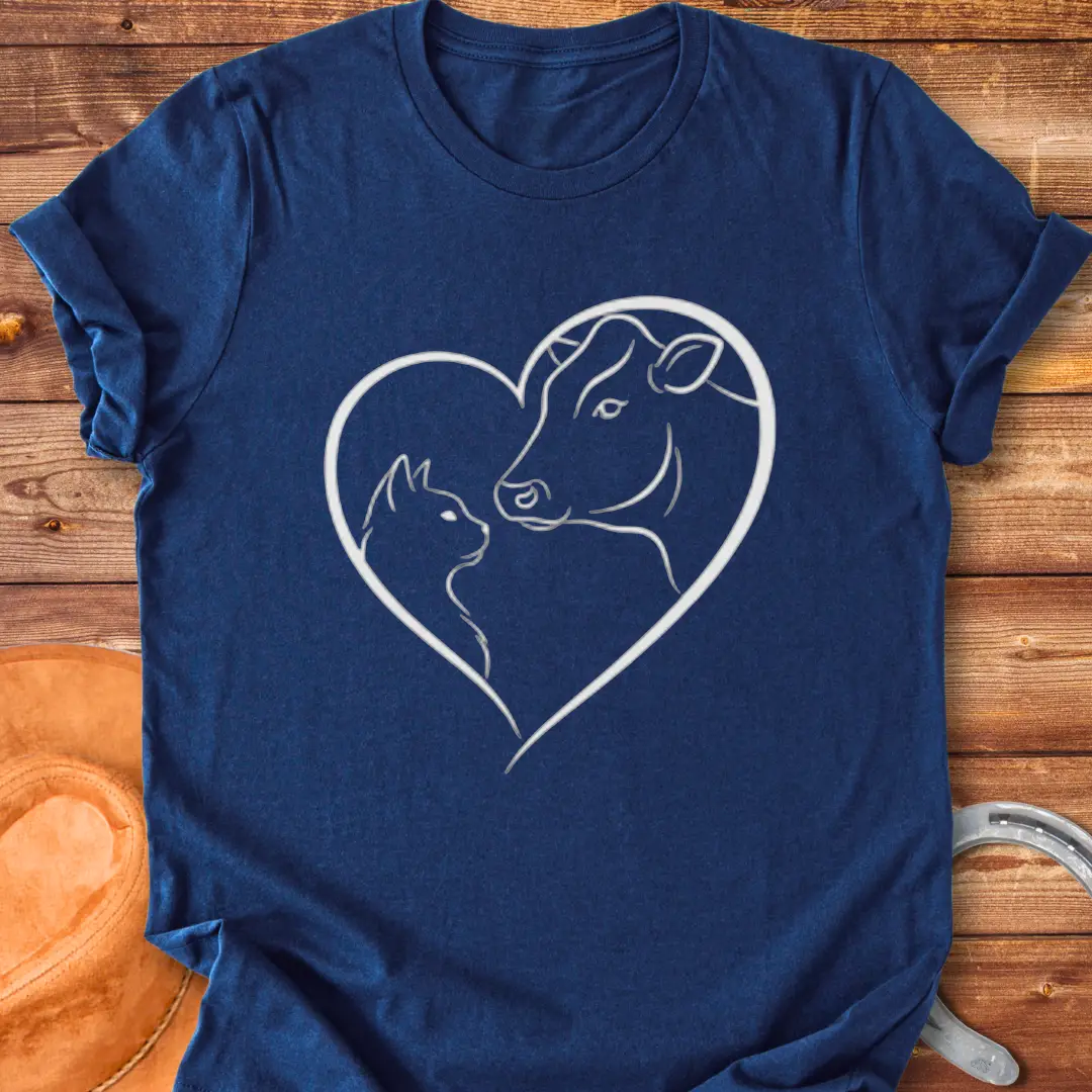 Line art design of a cow and cat forming a heart shape, expressing love and affection.