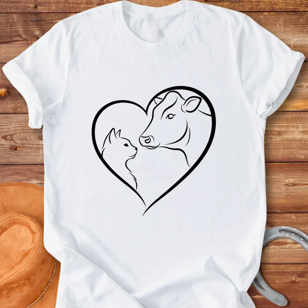 Line art design of a cow and cat forming a heart shape, expressing love and affection.
