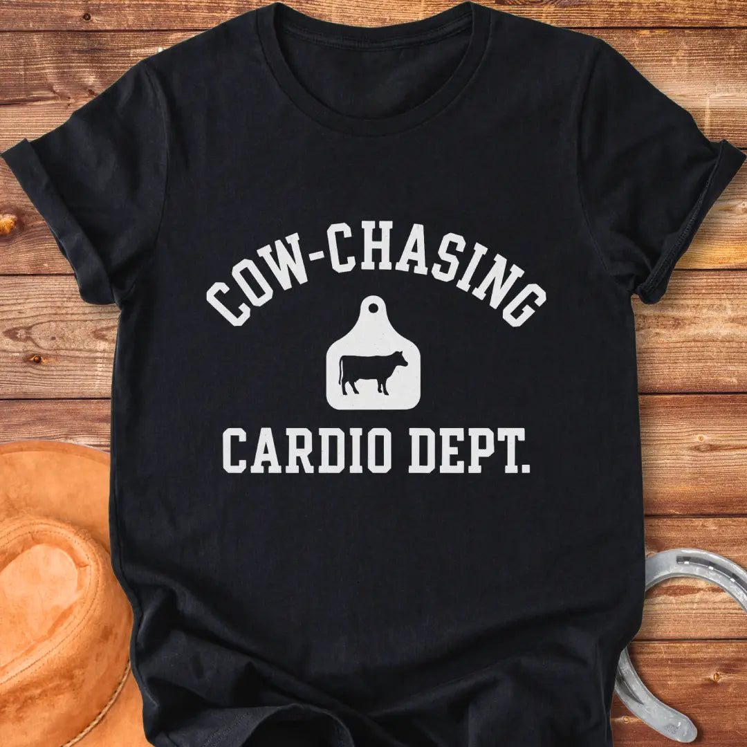 Cow Chasing Cardio Dept T-Shirt design featuring a cow tag and playful text