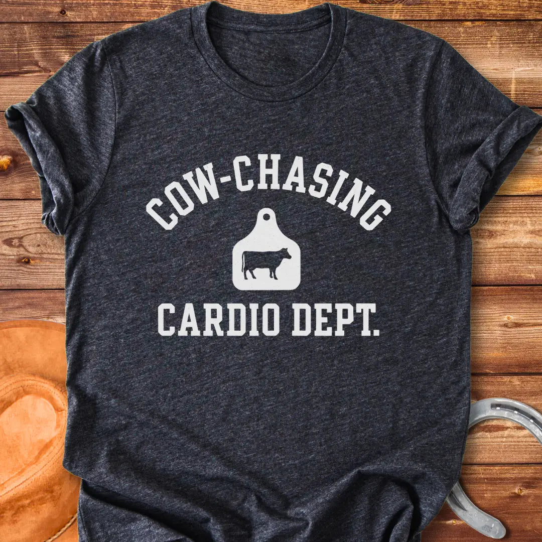 Cow Chasing Cardio Dept T-Shirt design featuring a cow tag and playful text