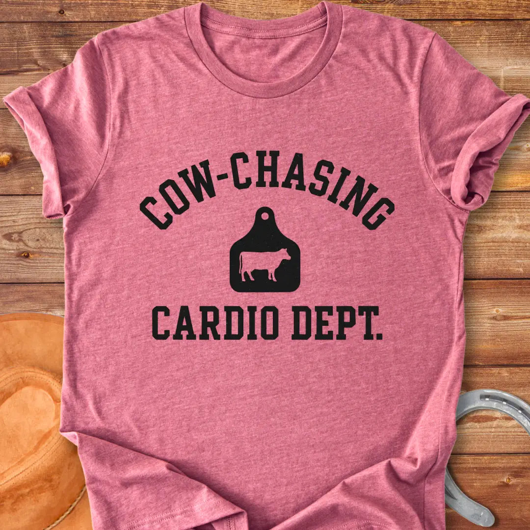 Cow Chasing Cardio Dept T-Shirt design featuring a cow tag and playful text