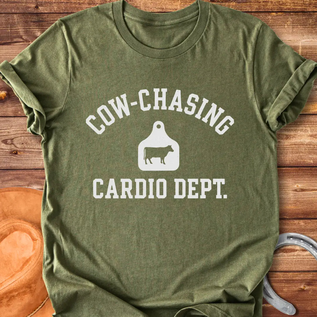Cow Chasing Cardio Dept T-Shirt design featuring a cow tag and playful text