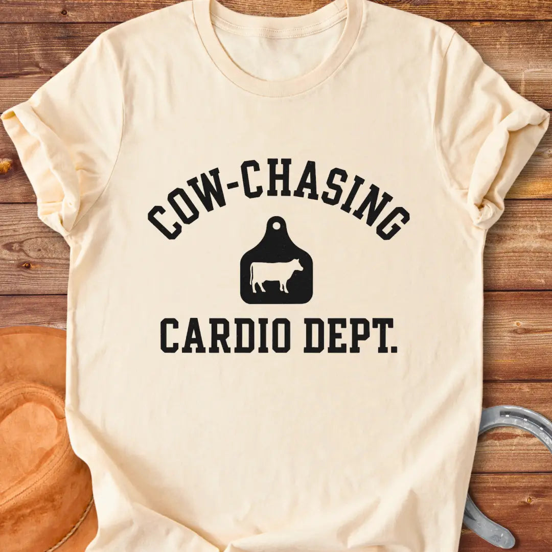 Cow Chasing Cardio Dept T-Shirt design featuring a cow tag and playful text