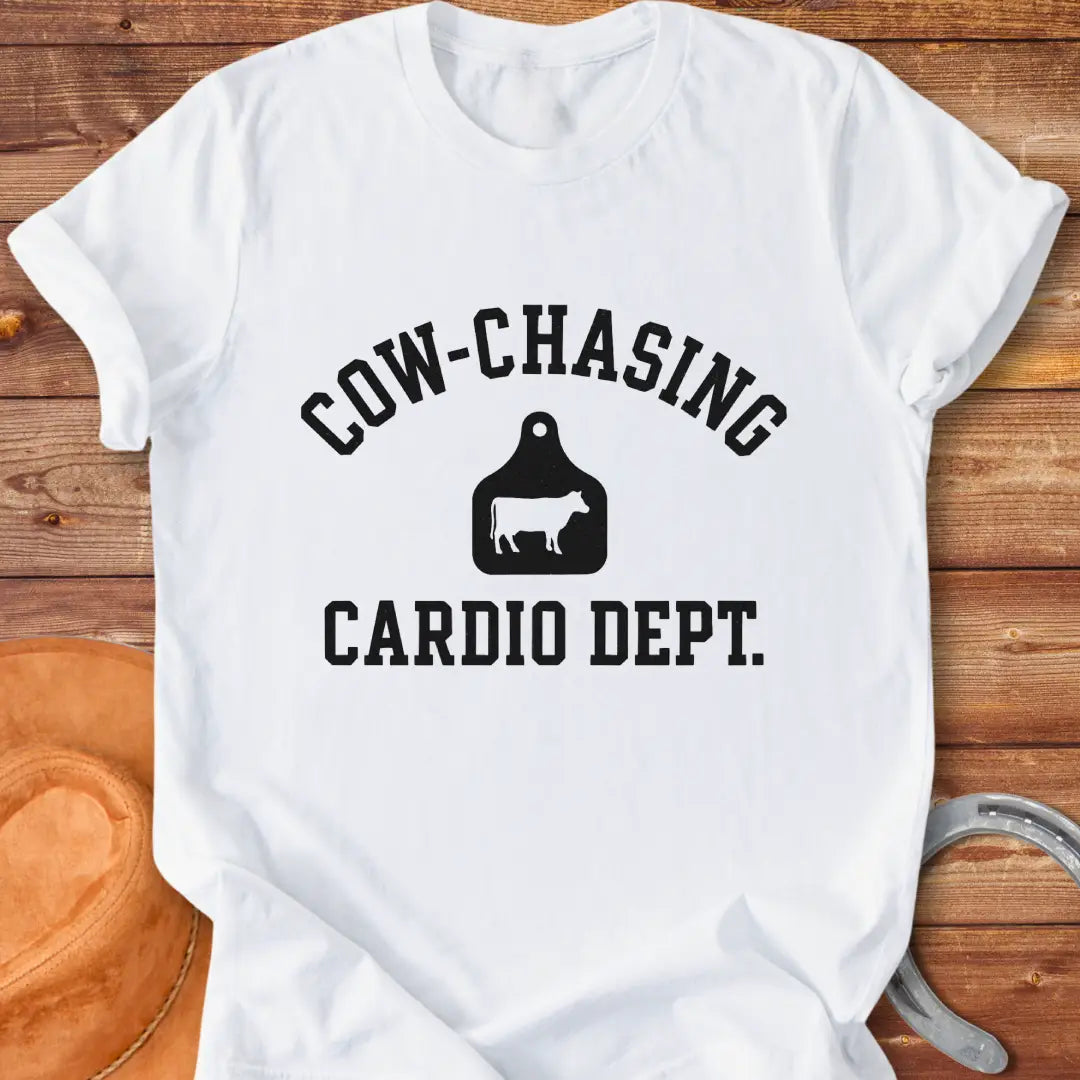 Cow Chasing Cardio Dept T-Shirt design featuring a cow tag and playful text