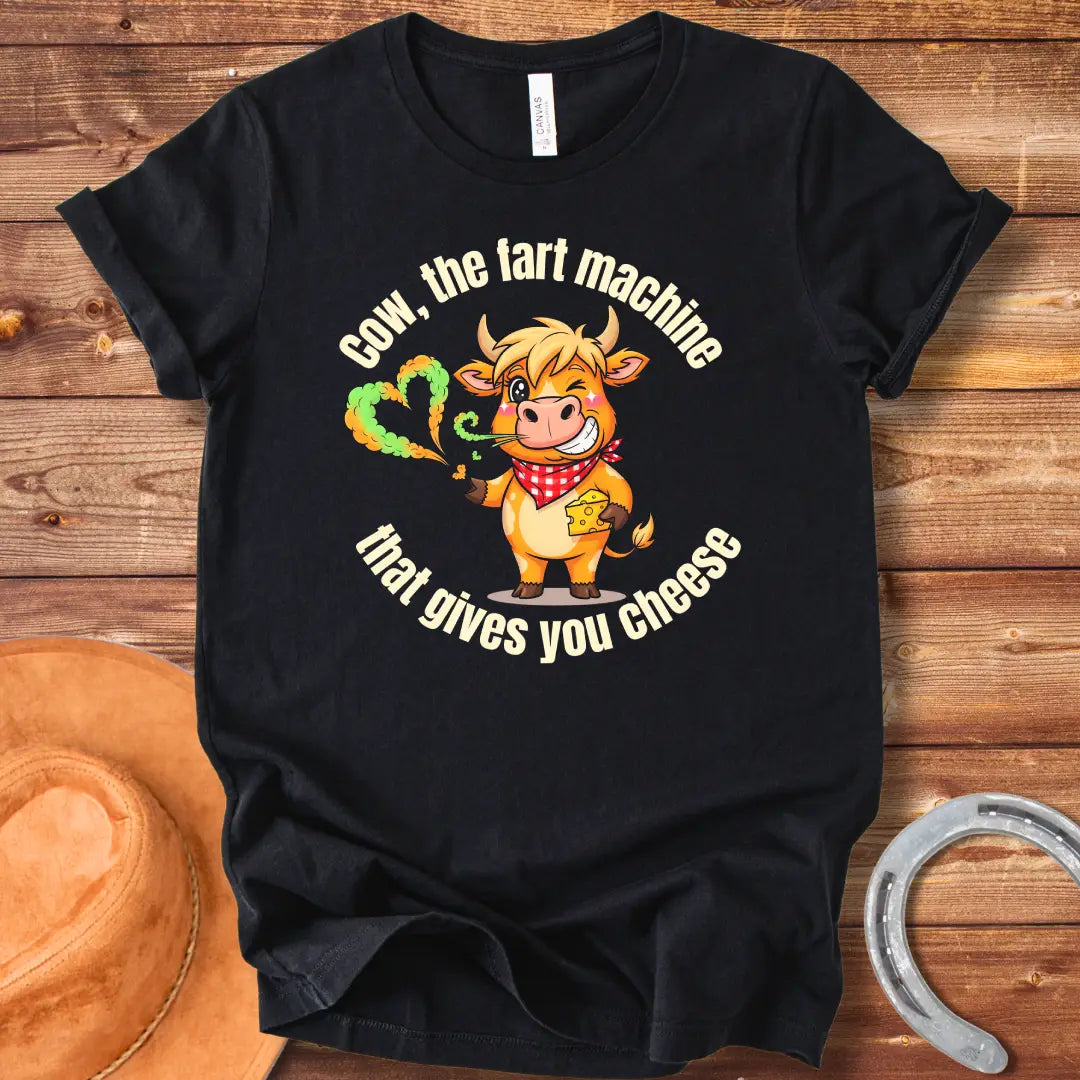 Funny cartoon cow winking, wearing a red bandana and holding cheese, with a fart shaped like a heart.