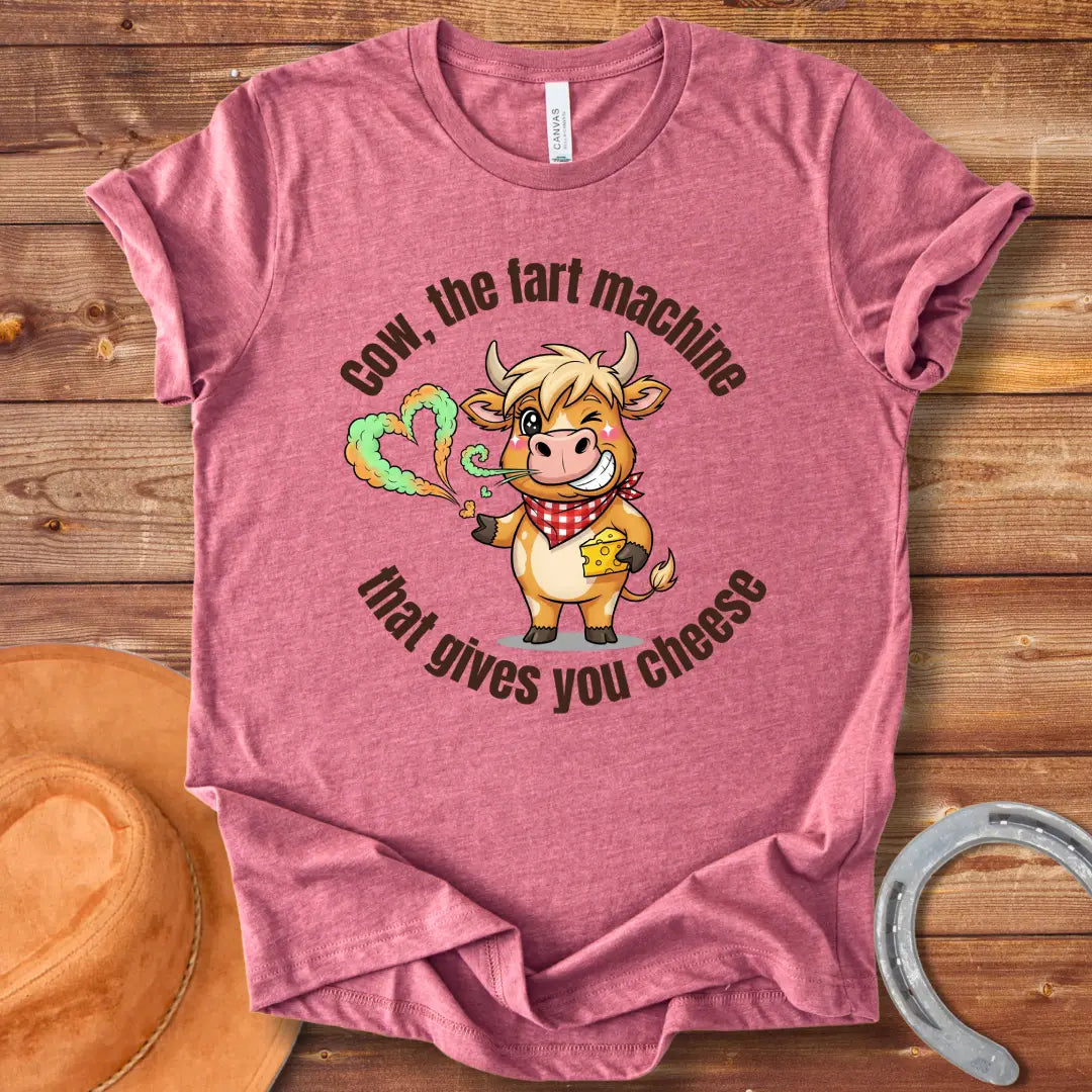 Funny cartoon cow winking, wearing a red bandana and holding cheese, with a fart shaped like a heart.