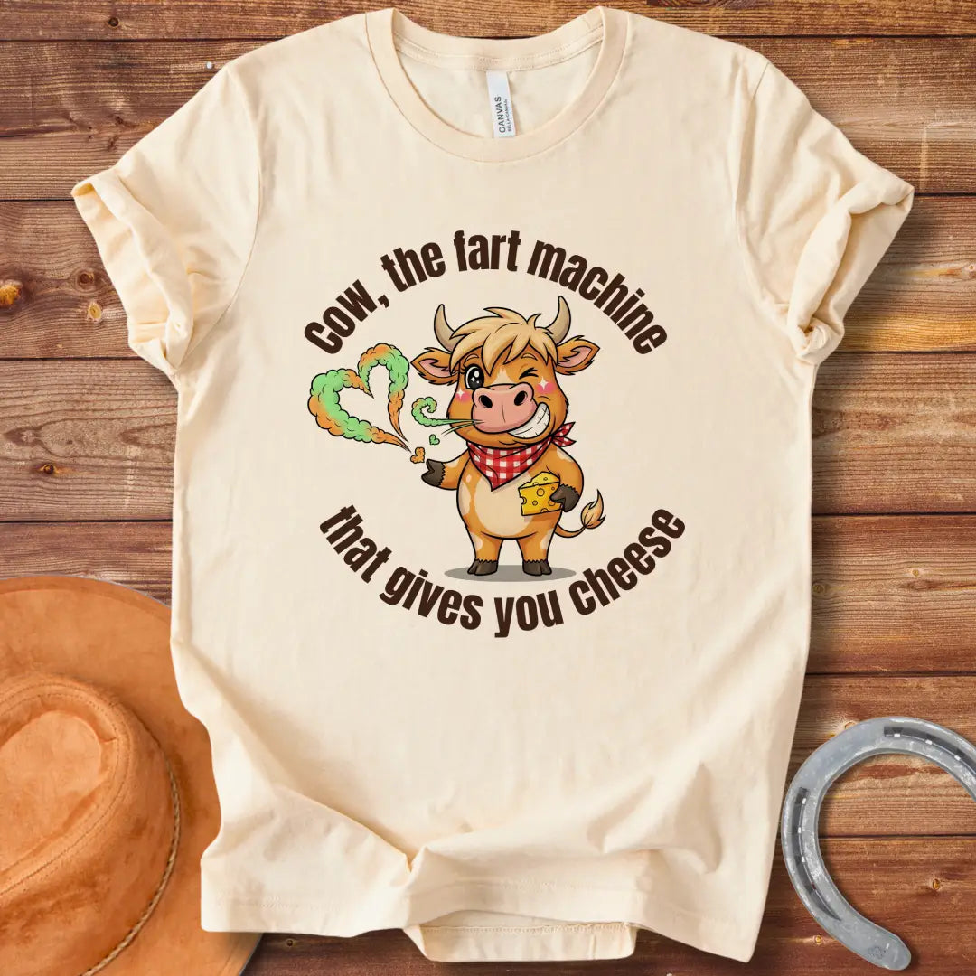 Funny cartoon cow winking, wearing a red bandana and holding cheese, with a fart shaped like a heart.