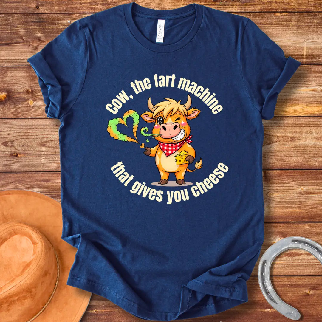 Funny cartoon cow winking, wearing a red bandana and holding cheese, with a fart shaped like a heart.