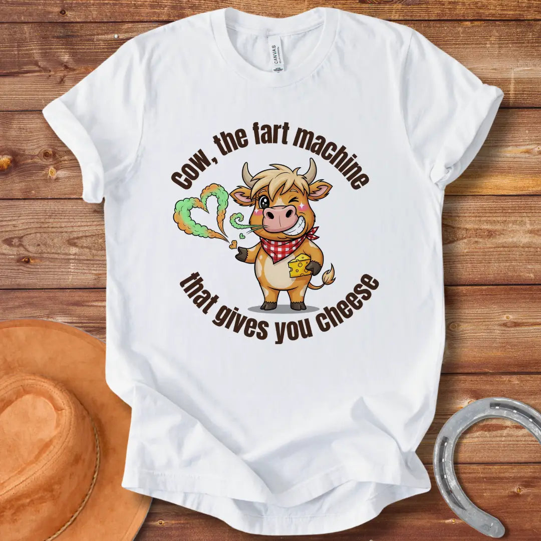 Funny cartoon cow winking, wearing a red bandana and holding cheese, with a fart shaped like a heart.