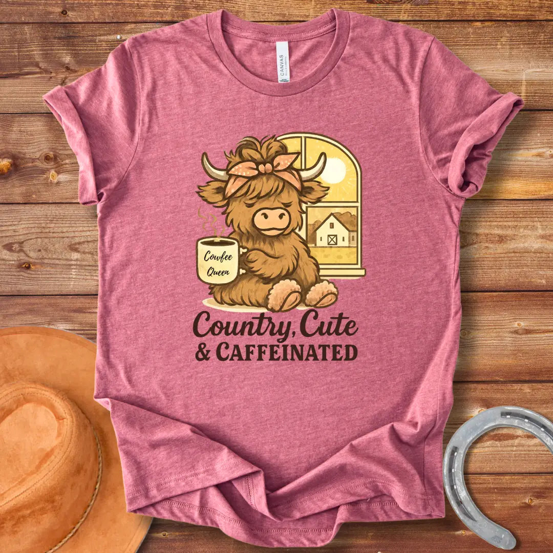 Illustration of a cute highland cow sitting by a window, holding a coffee mug that says 'Cowfee Queen'. The background shows a barn and a sunny day.