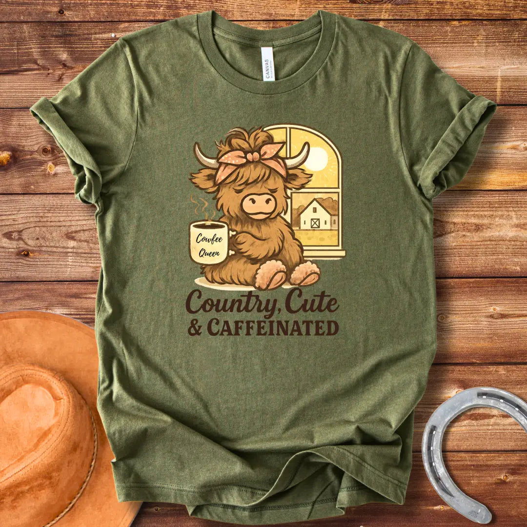 Illustration of a cute highland cow sitting by a window, holding a coffee mug that says 'Cowfee Queen'. The background shows a barn and a sunny day.