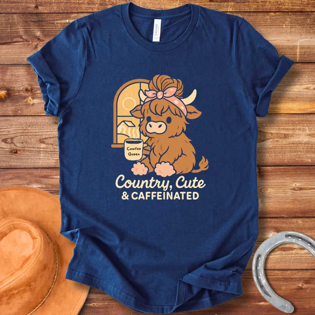 Illustration of a cute highland cow sitting by a window, holding a coffee mug that says 'Cowfee Queen'. The background shows a barn and a sunny day.