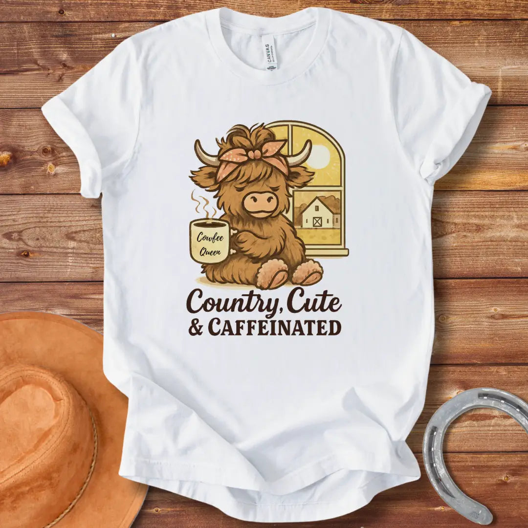 Illustration of a cute highland cow sitting by a window, holding a coffee mug that says 'Cowfee Queen'. The background shows a barn and a sunny day.