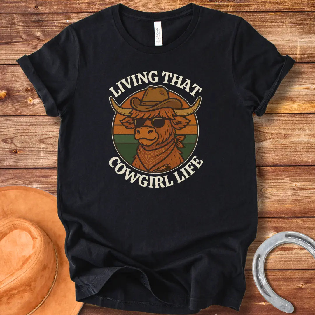 Cowgirl Life T-Shirt featuring a cool cow wearing sunglasses and a bandana, living the cowgirl life