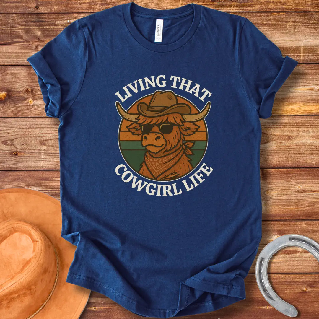 Cowgirl Life T-Shirt featuring a cool cow wearing sunglasses and a bandana, living the cowgirl life