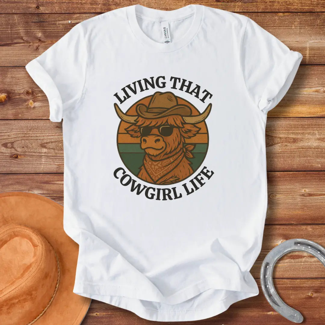 Cowgirl Life T-Shirt featuring a cool cow wearing sunglasses and a bandana, living the cowgirl life