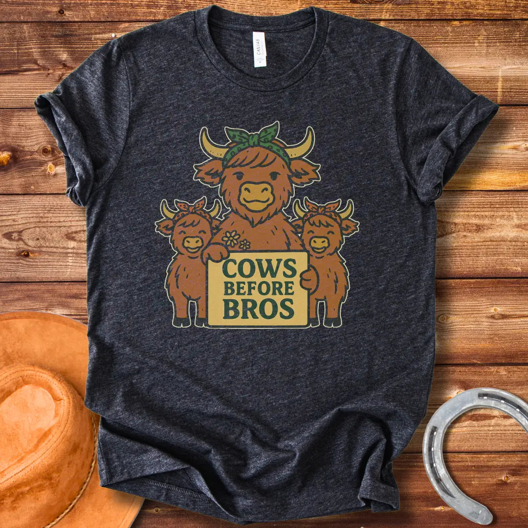 Illustration of a cow family holding a sign that says "Cows Before Bros"
