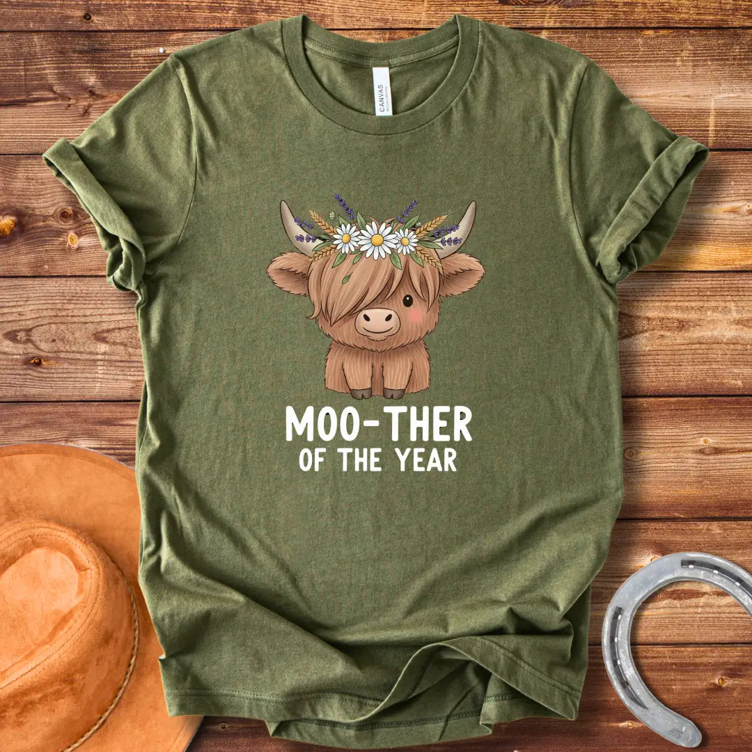 Cute Highland cow wearing a flower crown, with the text 'Moo-ther of the Year'.