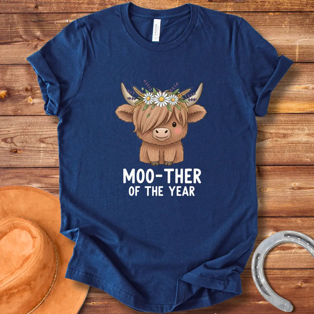 Cute Highland cow wearing a flower crown, with the text 'Moo-ther of the Year'.