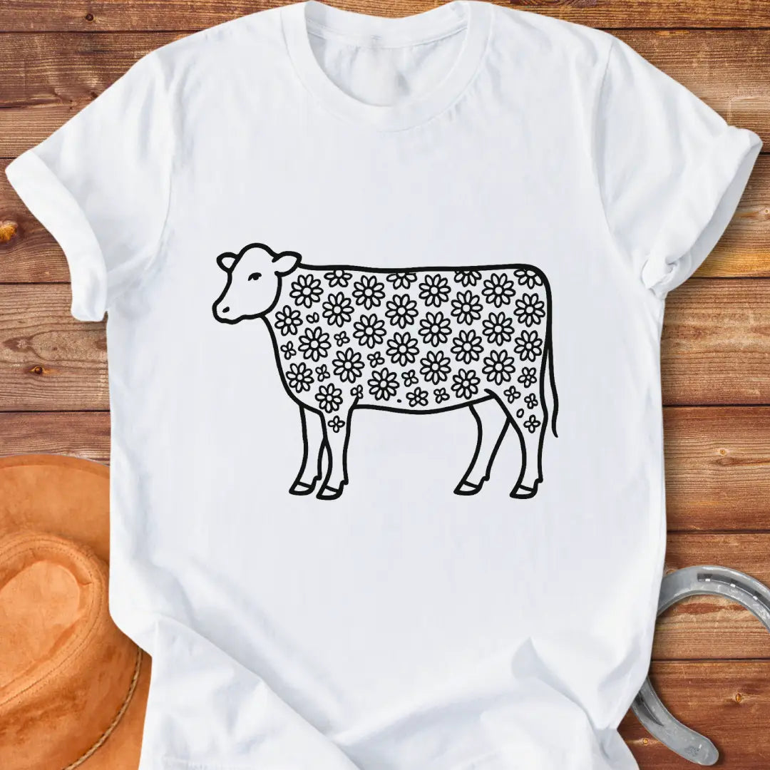 Line art illustration of a cow with a floral pattern filling the body