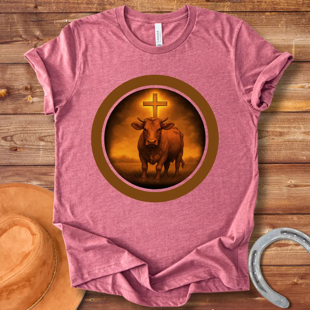 Illustration of a cow with a cross shining above it in a circle, representing a divine bovine.