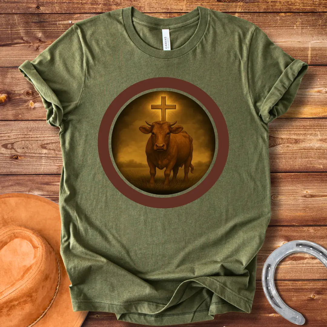 Illustration of a cow with a cross shining above it in a circle, representing a divine bovine.