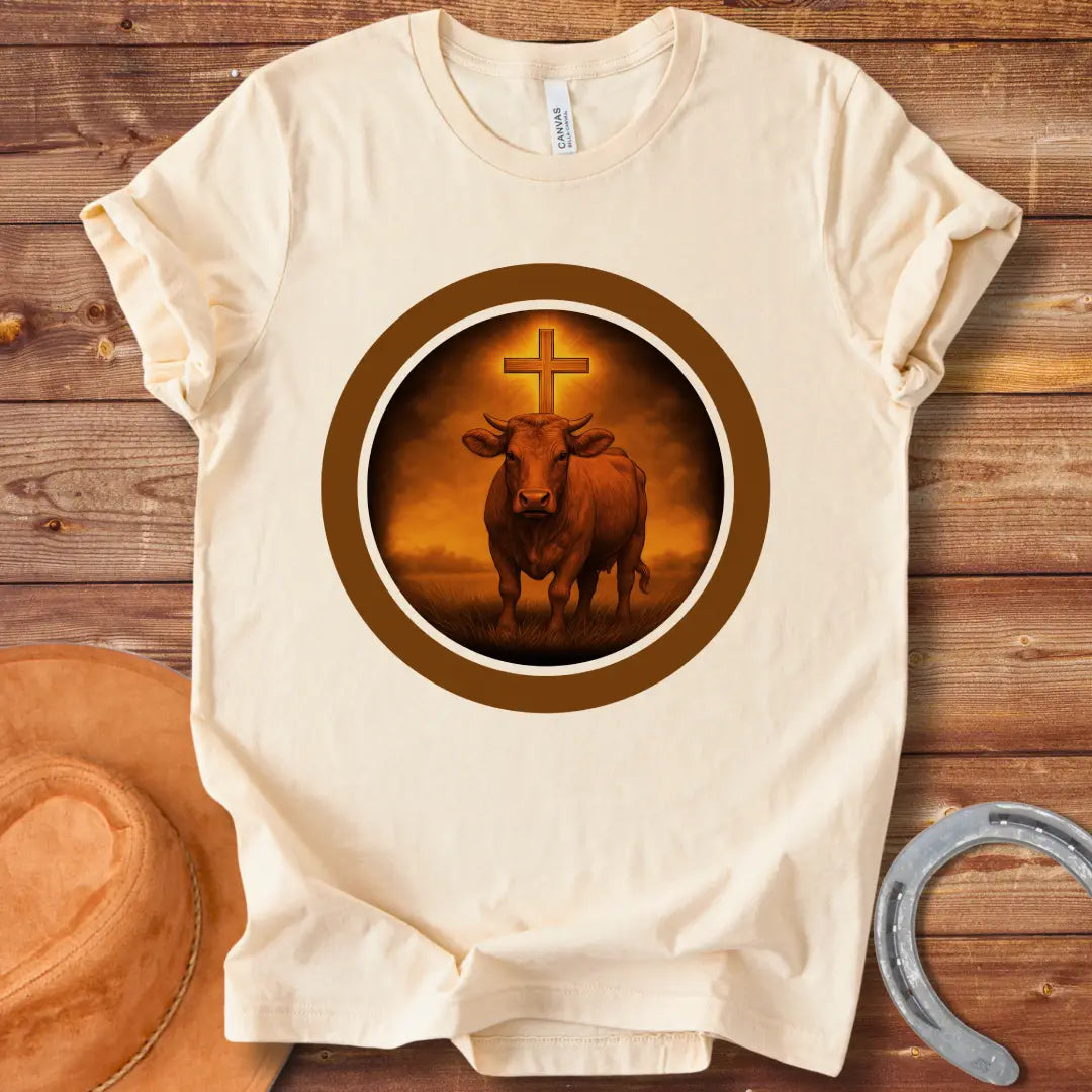 Illustration of a cow with a cross shining above it in a circle, representing a divine bovine.
