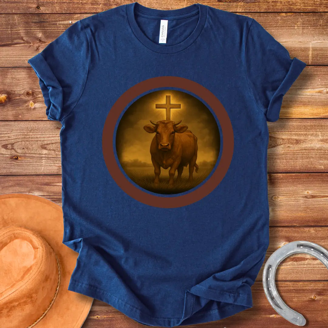Illustration of a cow with a cross shining above it in a circle, representing a divine bovine.