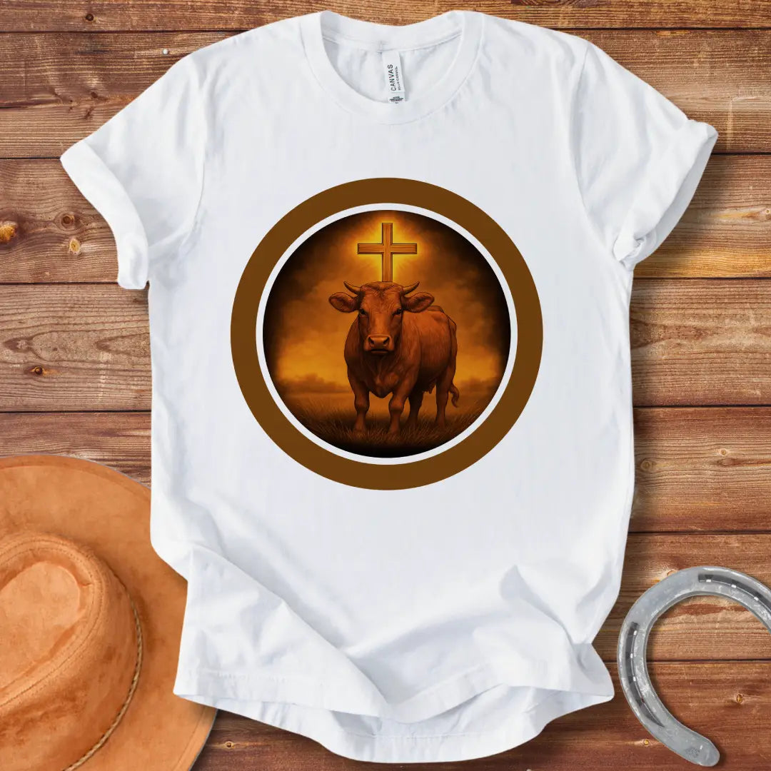 Illustration of a cow with a cross shining above it in a circle, representing a divine bovine.