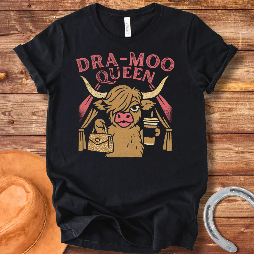 Illustration of a cow in a sassy pose holding a purse and a drink with the words Dra-Moo Queen above.