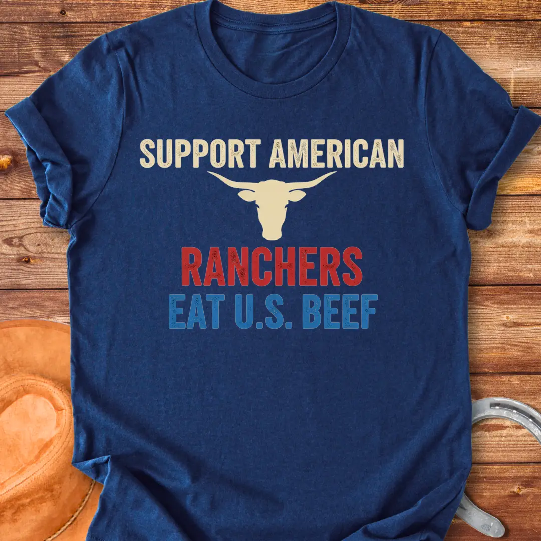 Eat US Beef T-shirt featuring a bull's head and the text 'Support American Ranchers' and 'Eat U.S. Beef'.