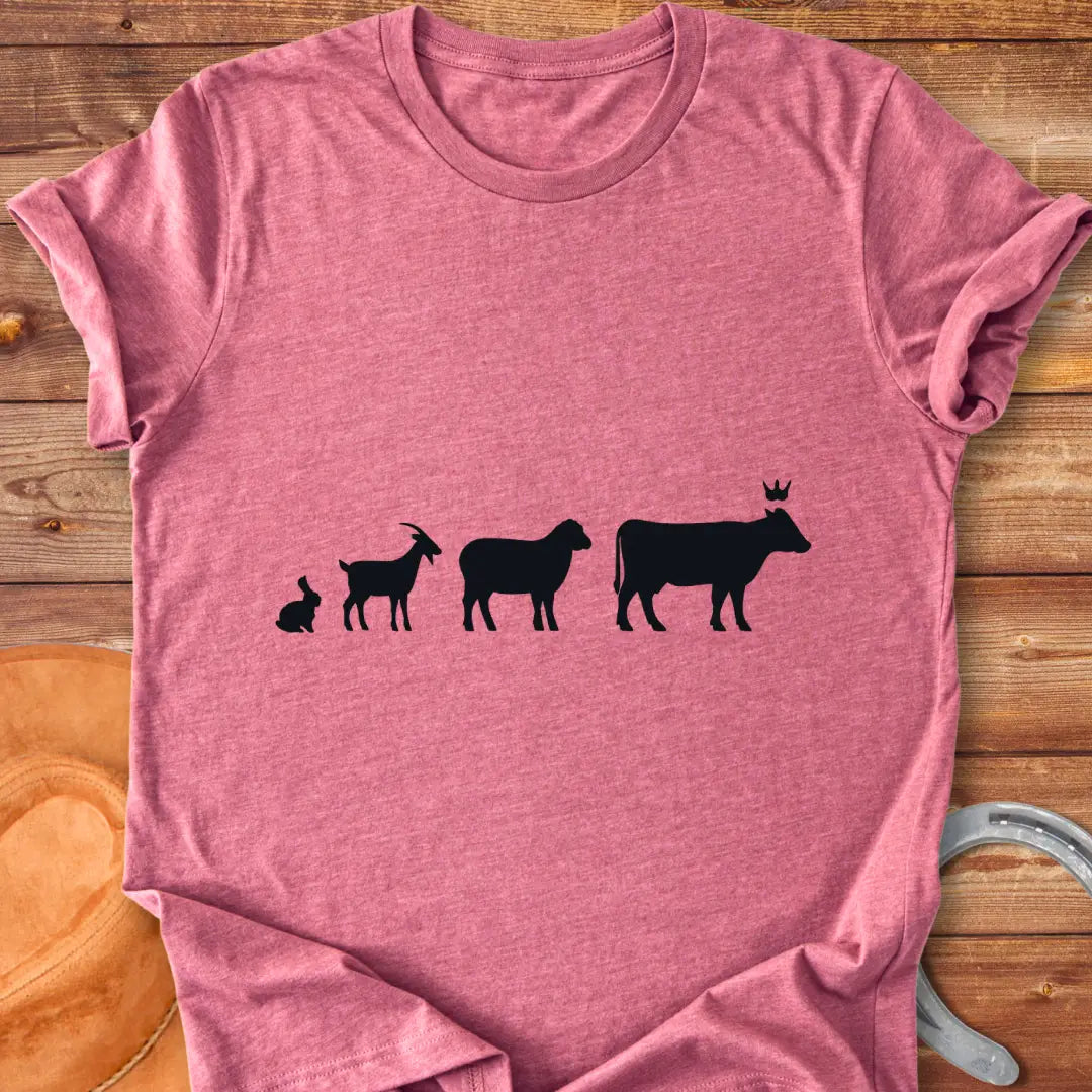 Silhouette of farm animals following a cow wearing a crown, T-shirt design