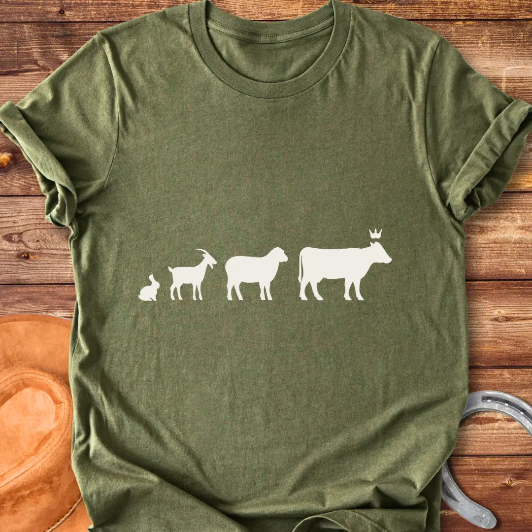 Silhouette of farm animals following a cow wearing a crown, T-shirt design