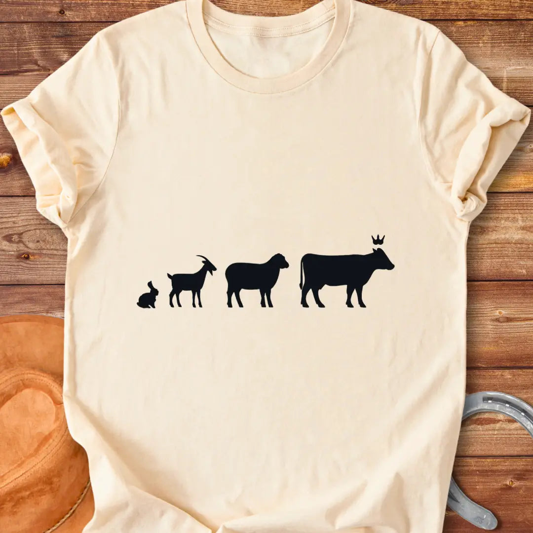 Silhouette of farm animals following a cow wearing a crown, T-shirt design