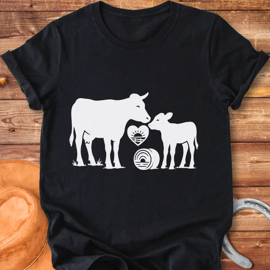 Silhouette of a cow and her calf with a heart and hay bale design, symbolizing farm love.