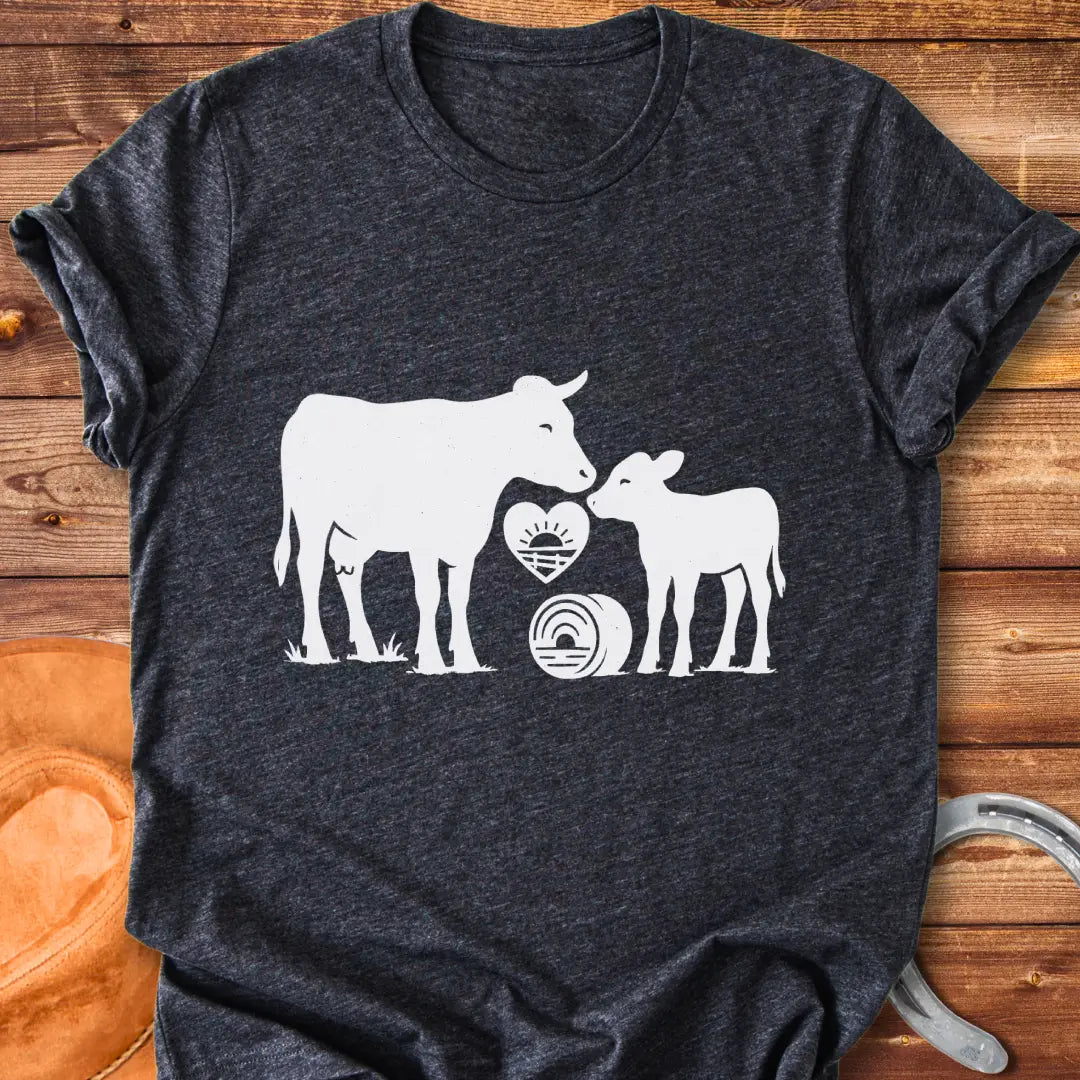 Silhouette of a cow and her calf with a heart and hay bale design, symbolizing farm love.