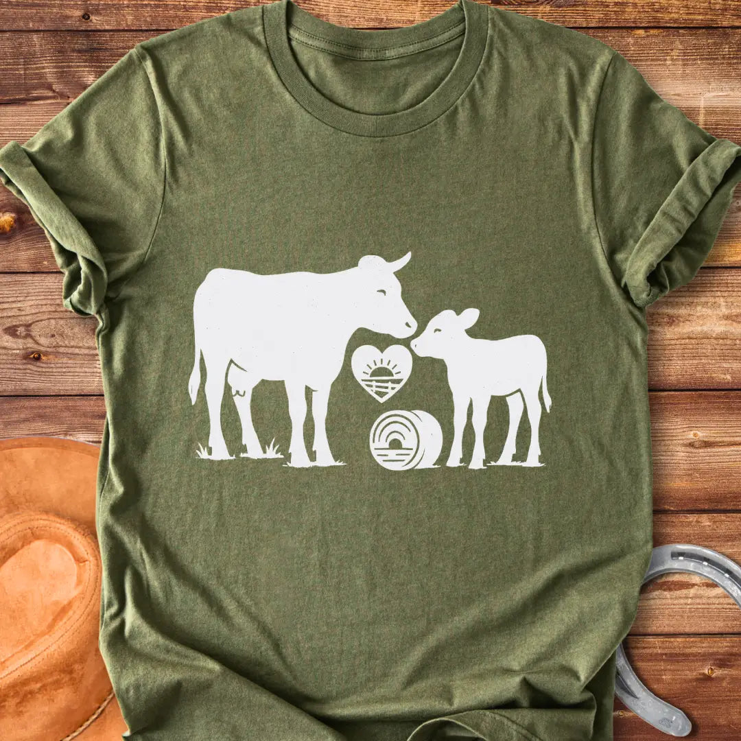 Silhouette of a cow and her calf with a heart and hay bale design, symbolizing farm love.