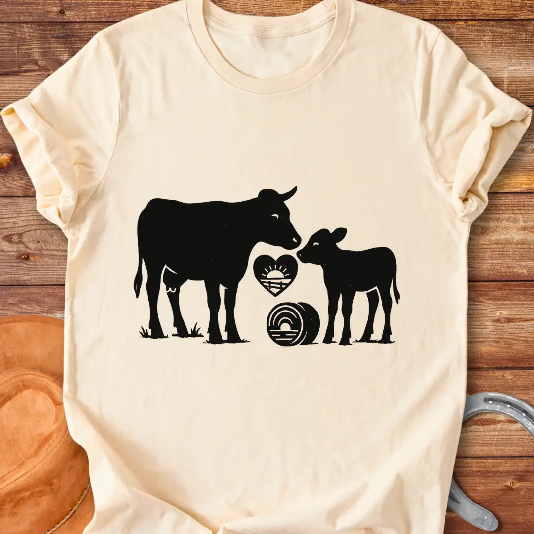 Silhouette of a cow and her calf with a heart and hay bale design, symbolizing farm love.