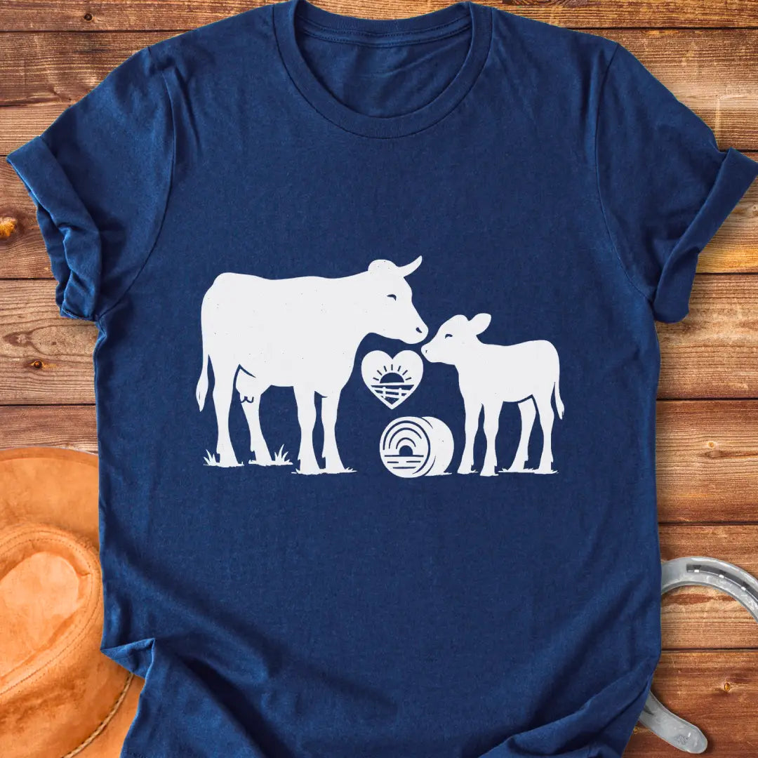 Silhouette of a cow and her calf with a heart and hay bale design, symbolizing farm love.