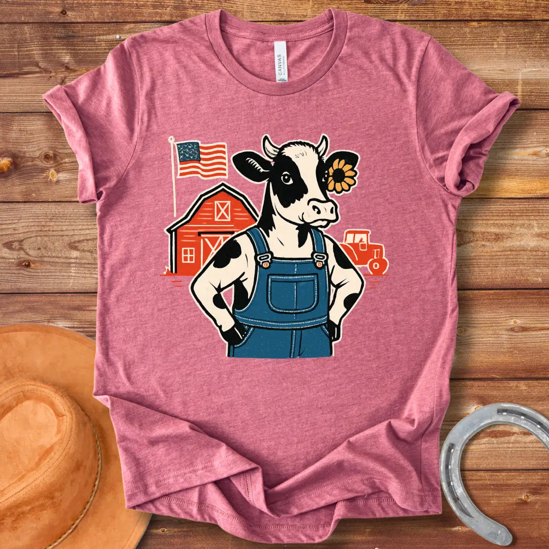 Farm Strong Moo T-Shirt design featuring a cow in overalls, a sunflower, a red barn, American flag, and a vintage truck.