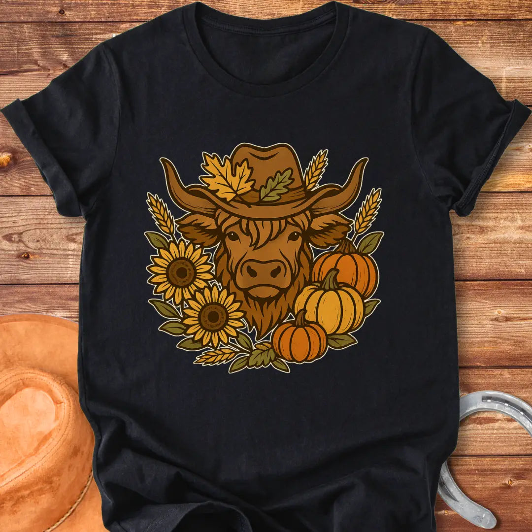 Farmhouse Fall T-Shirt featuring a Highland cow wearing a hat surrounded by sunflowers, pumpkins, and leaves
