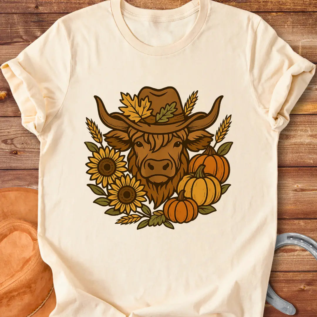 Farmhouse Fall T-Shirt featuring a Highland cow wearing a hat surrounded by sunflowers, pumpkins, and leaves