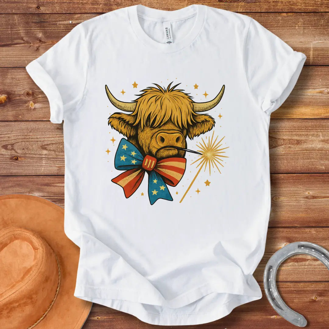 Festive patriotic Highland cow wearing a patriotic bow tie holding a sparkler.