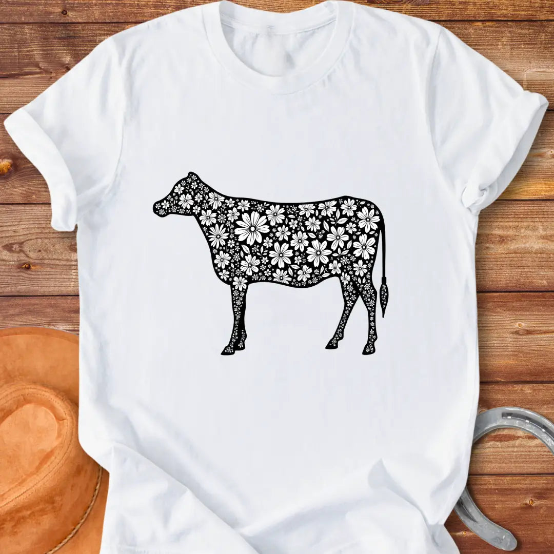 Floral cow t-shirt featuring a cow silhouette filled with white floral elements on a black background