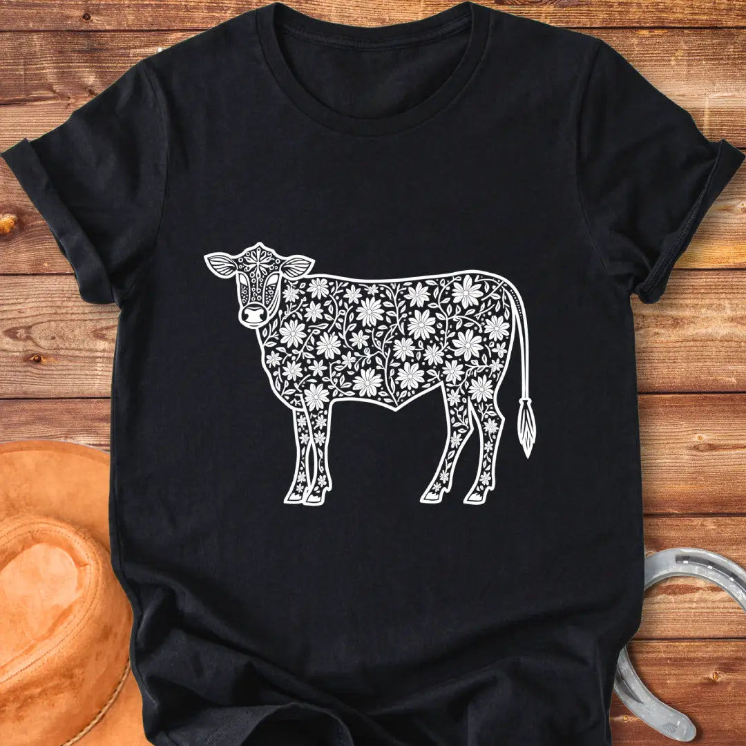 Floral design of a cow filled with flowers, a unique t-shirt for cow lovers.