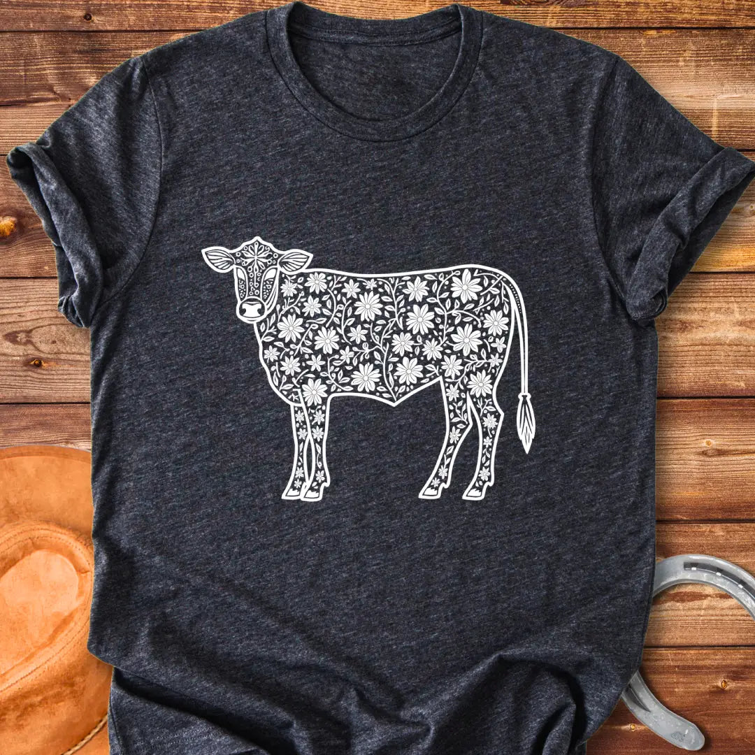 Floral design of a cow filled with flowers, a unique t-shirt for cow lovers.